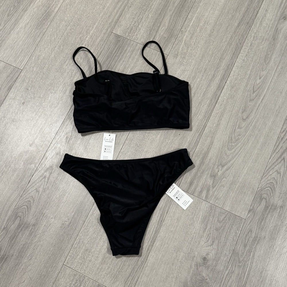 CupShe Black Ruched Two-Piece Bikini Swimsuit High Cut NWT Sz Medium - Picture 5 of 6